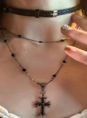 暗黑风黑十字架choker叠戴项链