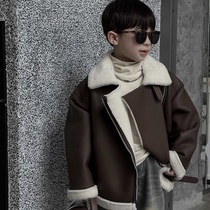 Boy gush fur coat flight jacket 2023 winter children turning in imitation fur integrated locomotive clothes American tide