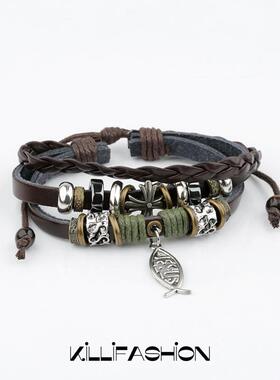 个性多层皮绳纺织手链