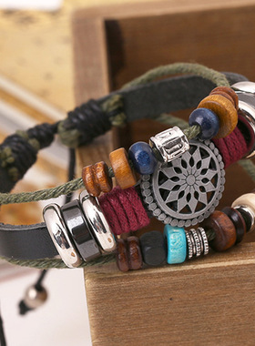 多层叠戴复古个性牛皮手链男