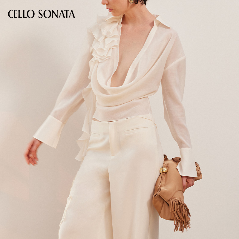 Cello SonataSS24春夏新品设计感小众立体剪裁荷叶边衬衫上衣女-图0