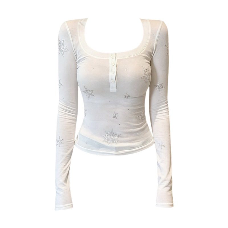 大码设计感白色雪花烫钻亨利领长袖t恤女春季内搭外穿打底衫上衣,淘宝优惠券,粉丝福利购,淘宝优惠卷
