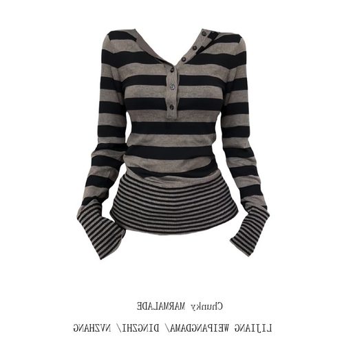 大码胖MM美式复古连帽条纹T恤女2025新款收腰显瘦设计感长袖上衣 - 图1