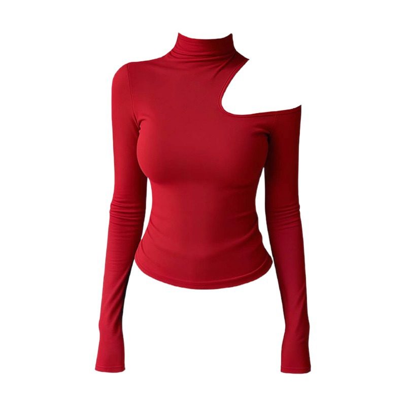新年圣诞穿搭红色高领长袖T恤女大码微胖mm修身百搭显瘦露肩上衣,淘宝优惠券,粉丝福利购,淘宝优惠卷