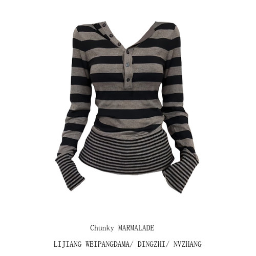 大码胖MM美式复古连帽条纹T恤女2025新款收腰显瘦设计感长袖上衣 - 图0