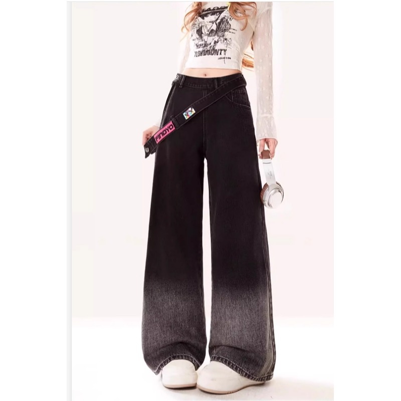 大码侧拉链渐变阔腿牛仔裤女2025新款高腰宽松直筒裤梨型身材裤子 - 图2