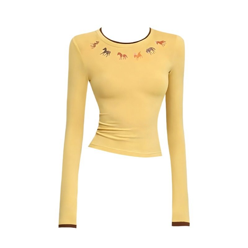 大码撞色圆领小马印花长袖打底衫T恤女2026韩系小众显瘦正肩上衣,淘宝优惠券,粉丝福利购,淘宝优惠卷