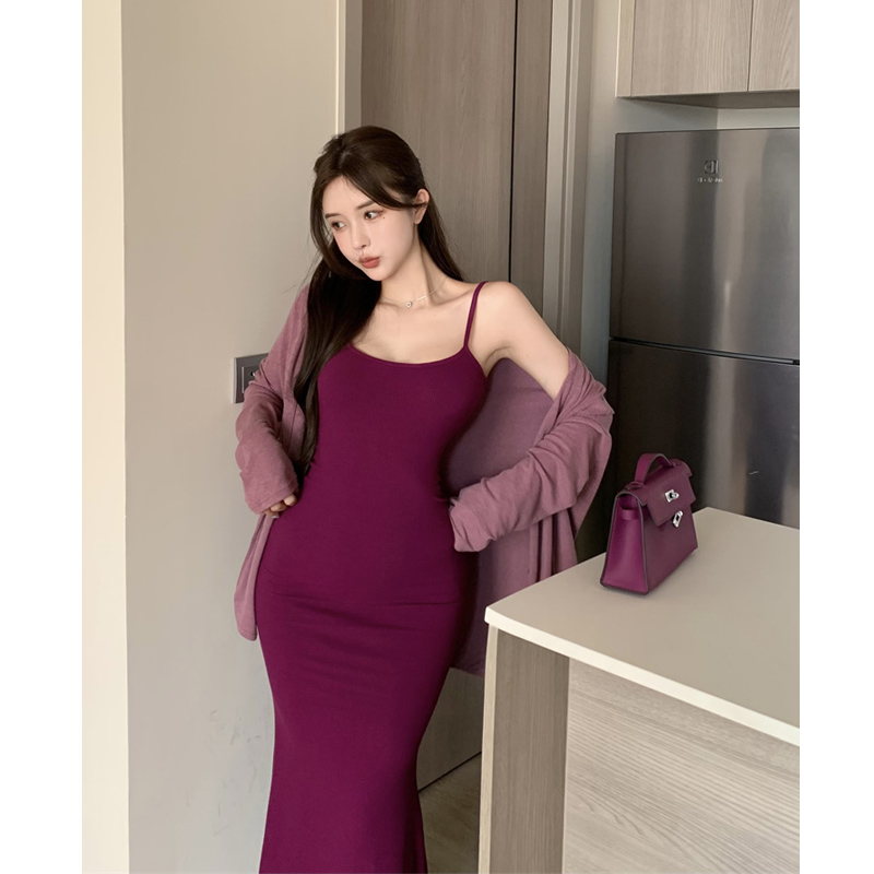 孕妇连衣裙夏季紫色性感修身包臀鱼尾裙带胸垫吊带裙慵懒开衫套装