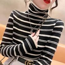 Double sided Develvet striped undershirt woman autumn winter new foreign air 100 lap T-shirt female inner lap long sleeves half high collar blouse