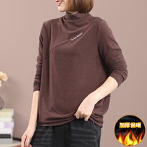 Large code double-sided suede thickened warm beating undershirt woman 2023 autumn winter new loose 100 lap half high collar T-shirt woman