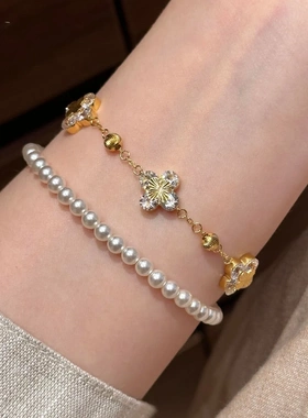 爆闪金色镭射四叶草手链女复古轻奢时尚高级感小众设计手饰