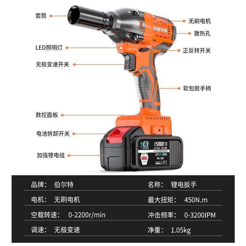 伯尔特电动扳手锂电冲击套筒风炮无刷大扭力充电脚手架汽修电板子 - 图3