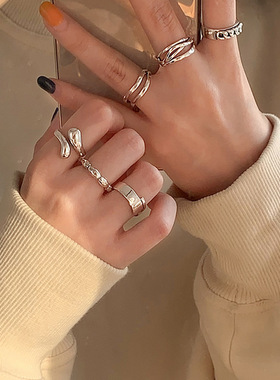 韩版小众设计感925纯银冷淡风戒指女不掉色复古重工指环饰品批发