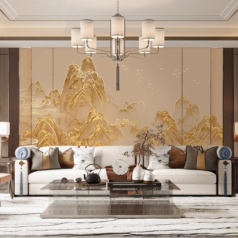 新款千里江山图壁纸新中式山水壁布轻奢鎏金墙布客厅电视背景墙纸,淘宝优惠券,粉丝福利购,淘宝优惠卷