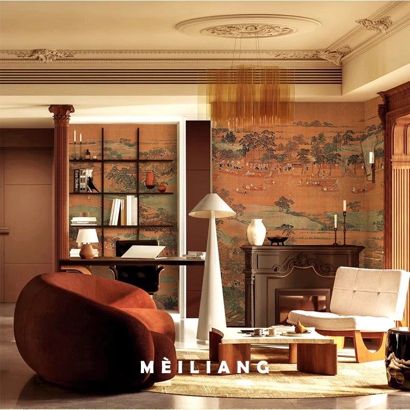 复古金箔壁纸中式古画背景墙中古风法式餐厅客厅沙发电视墙纸墙布,淘宝优惠券,粉丝福利购,淘宝优惠卷
