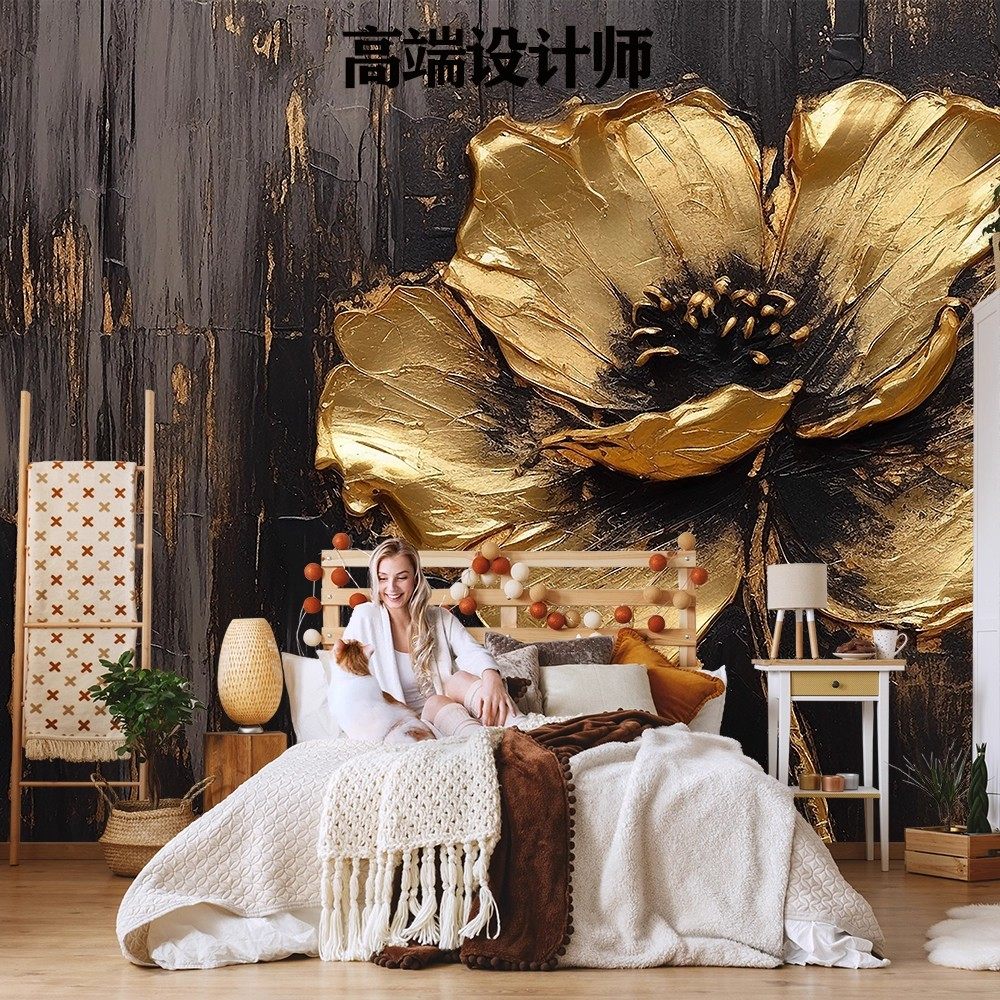 北欧手绘艺术复古轻奢油画立体金色花朵壁纸背景墙纸定制壁画墙布,淘宝优惠券,粉丝福利购,淘宝优惠卷