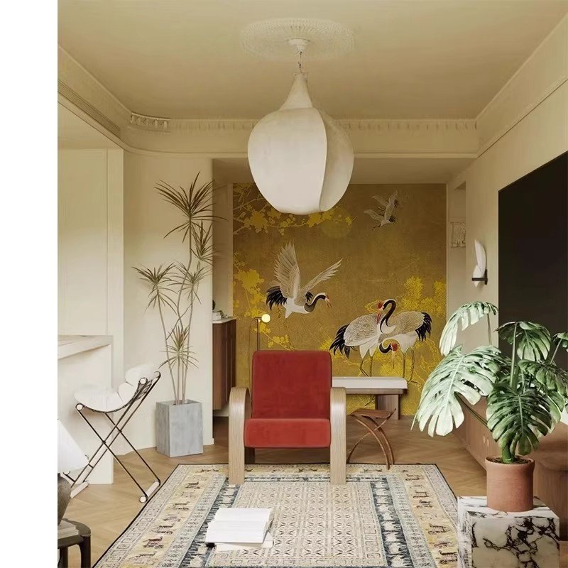 定制新中式民宿酒店金枝仙鹤壁纸复古中古风客厅沙发背景墙纸墙布,淘宝优惠券,粉丝福利购,淘宝优惠卷