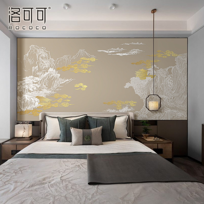 轻奢新中式线条山水楼阁建筑背景墙壁纸客厅沙发卧室墙布别墅壁画,淘宝优惠券,粉丝福利购,淘宝优惠卷