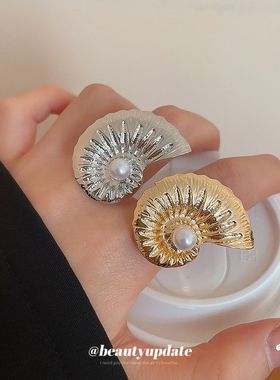 欧美海螺纹路珍珠开口戒指复古小众百搭食指戒轻奢高级感手饰精致