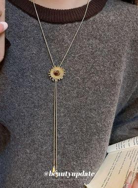 美拉德虎眼石圆形花朵项链复古