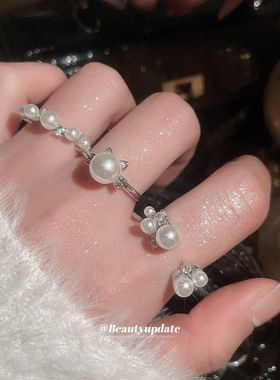 锆石圆形珍珠开口戒指法式优雅