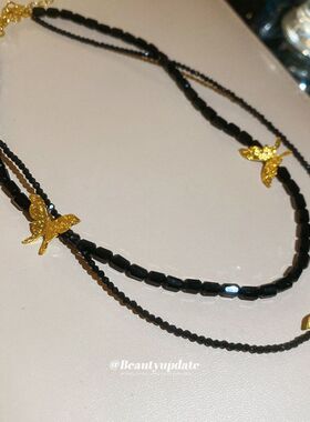 平价水晶串珠蝴蝶吊坠项链暗黑链