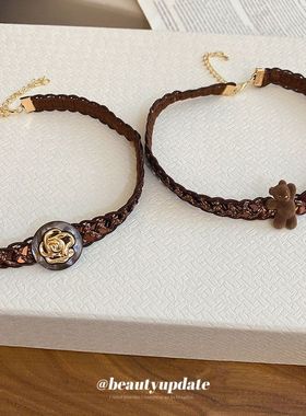 织带植绒小熊树花朵颈链复古美