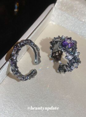 朋克暗黑风锆石椭圆形开口戒指