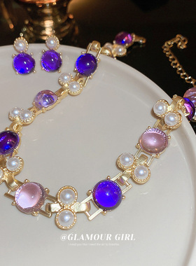 银针珍珠圆形耳钉项链套装