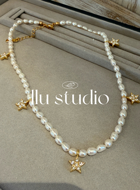 LLuStudio星落珠河高级定制五角星碎钻天然珍珠项链锁骨链子