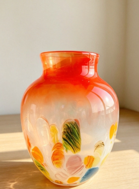 中古风彩色渐变波点琉璃花瓶法式高级感玄关客厅艺术花器玻璃摆件