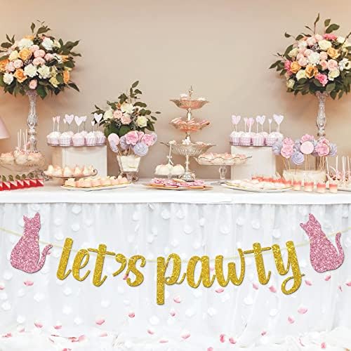 Gold Glitter Let's Pawty Banner Happy Birthday Cat Party De-图2