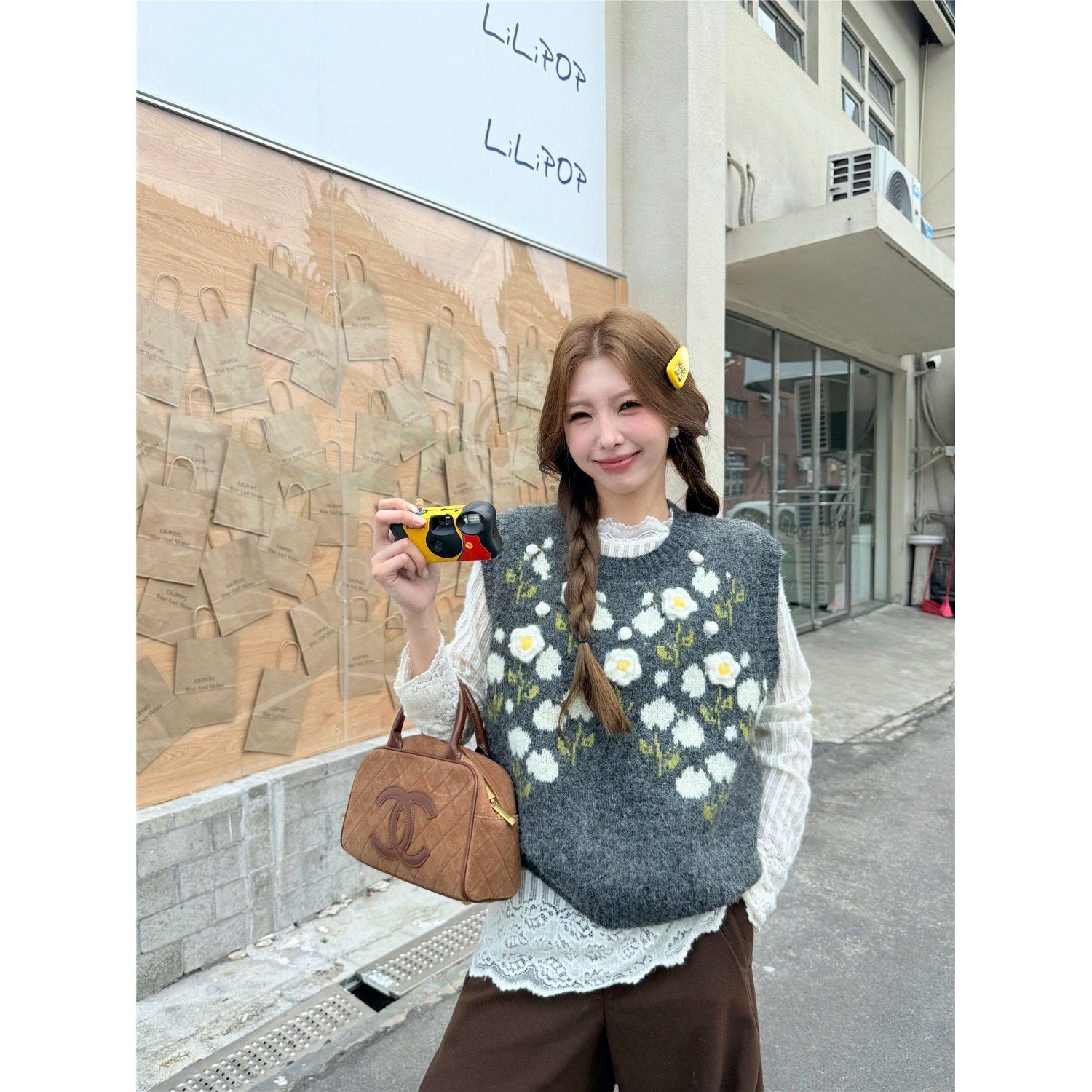 胖薯大码韩系时尚叠穿针织马甲女秋季花朵少女感休闲甜美短款马夹,淘宝优惠券,粉丝福利购,淘宝优惠卷