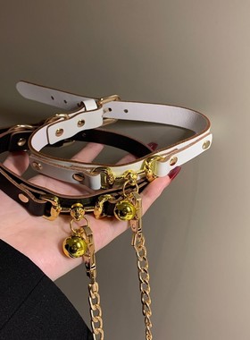 小铃铛项圈女真皮choker项链颈圈k9小狗puppy牵引绳脖圈颈链男