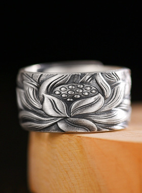 日本coss koko复古银莲花自律复古戒指男女潮款国风活口食指