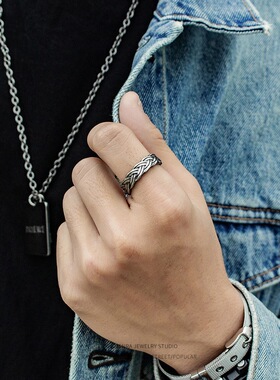 日本coss koko欧美简约复古麻花银戒指开口男女个性指环时尚百搭