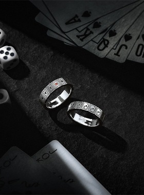 日本coss koko银扑克牌戒指男士潮方块红心黑桃红桃指环高级感
