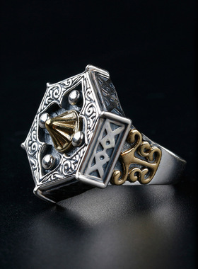 日本coss koko银戒指男士潮个性复古五边形欧美戒指单身嘻哈食指