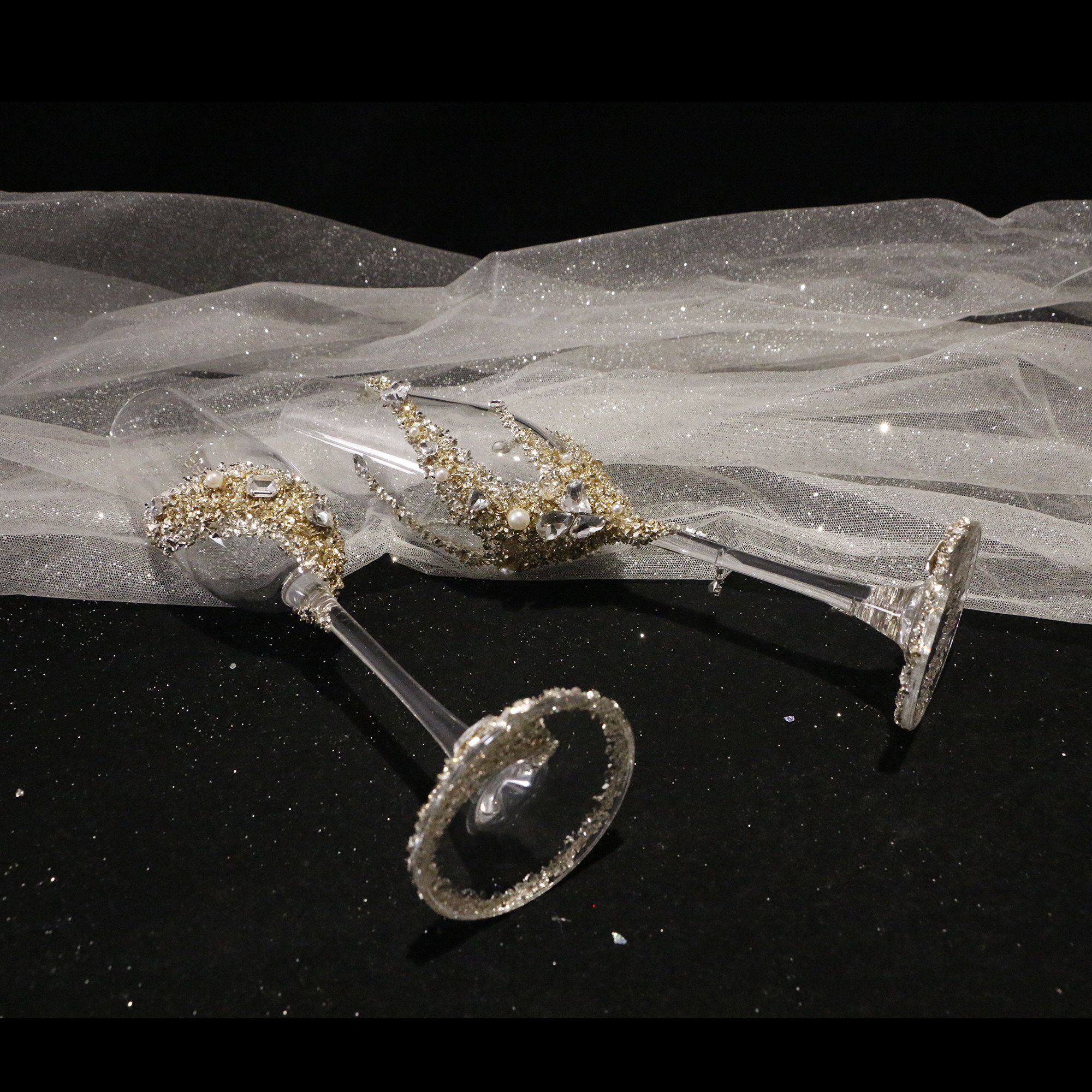 银色敬酒杯浅金色碎钻香槟杯高脚杯新婚礼物成品diy材料包带礼盒,淘宝优惠券,粉丝福利购,淘宝优惠卷