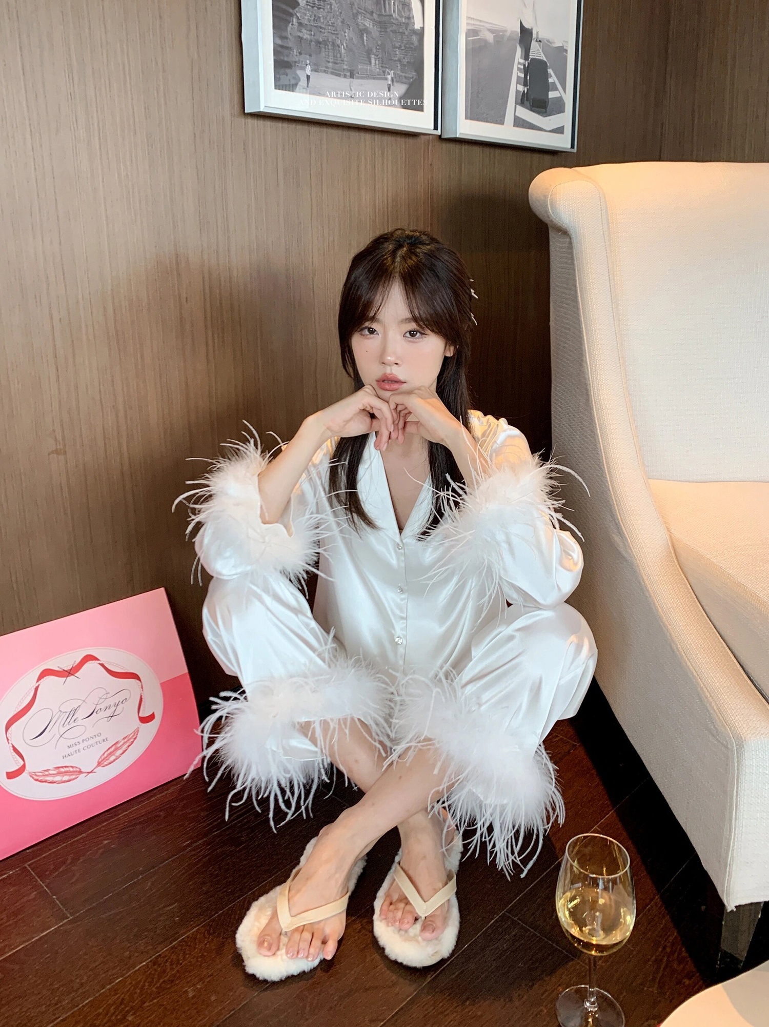 春夏款送闺蜜高级感冰丝睡衣女羽毛袖气质鸵鸟毛长袖家居服礼盒装 - 图2