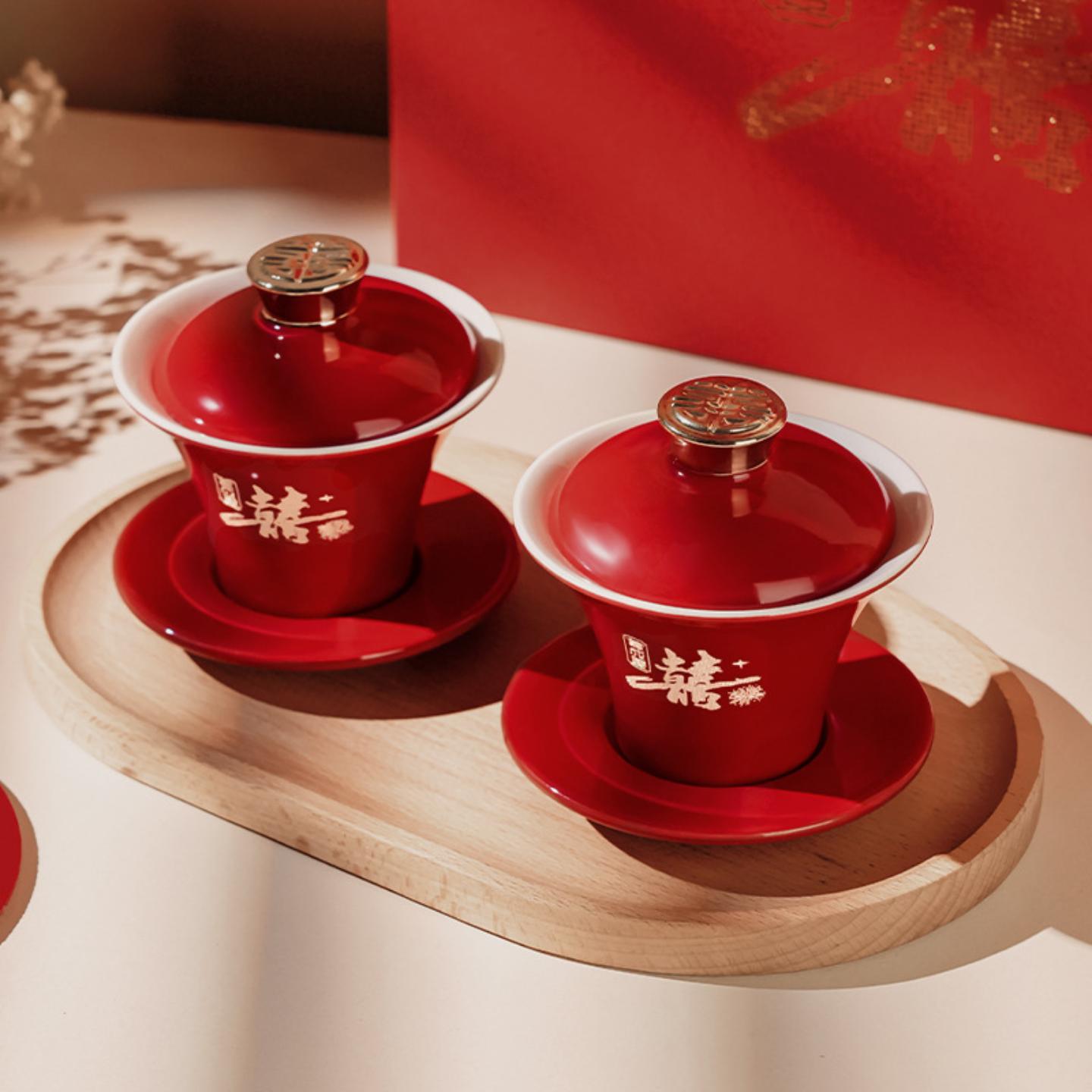 A pair of high-end red cups for wedding tea ceremony