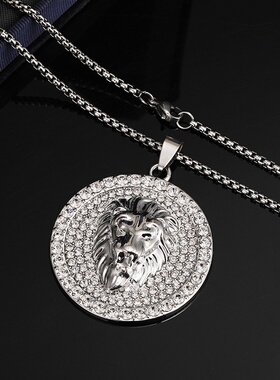 欧美热卖时尚嘻哈个性满钻霸气狮子头项链圆形镶钻吊坠2024新款潮