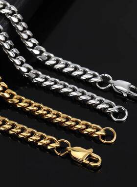 跨境欧美嘻哈不锈钢圆磨加密古巴项链真金电镀日字扣钛钢男士项链