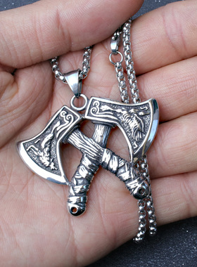 复古维京战斧不锈钢吊坠项链男士时尚嘻哈配饰钛钢欧美朋克饰品