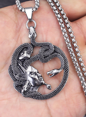 跨境欧美复古铸造希腊神话蛇发妖女美杜莎吊坠朋克嘻哈不锈钢项链