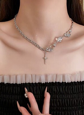 镶钻圆形树脂十字架吊坠项链甜酷风个性百搭锁骨链辣妹时尚项饰女