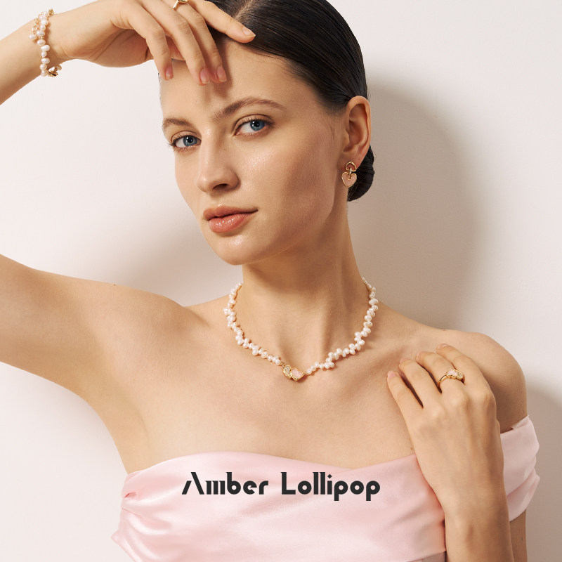 王玉雯同款 AmberLollipop珍珠项链女粉水晶吊坠爱心颈链生日礼物