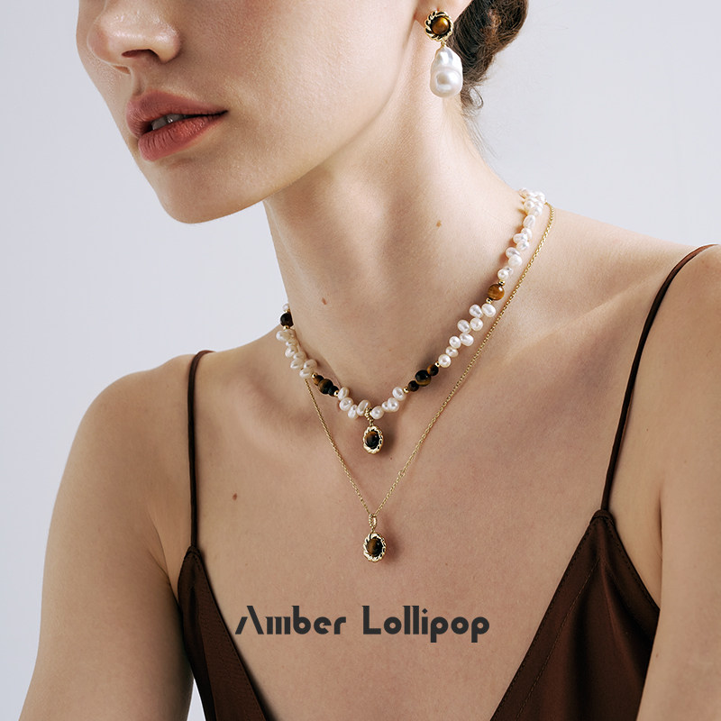 AmberLollipop虎眼石项链女天然石吊坠锁骨链小众设计毛衣链秋冬