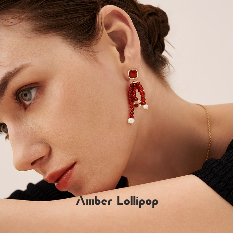 【新年礼物】Amber Lollipop红玛瑙耳环女珍珠流苏耳坠本命年耳饰