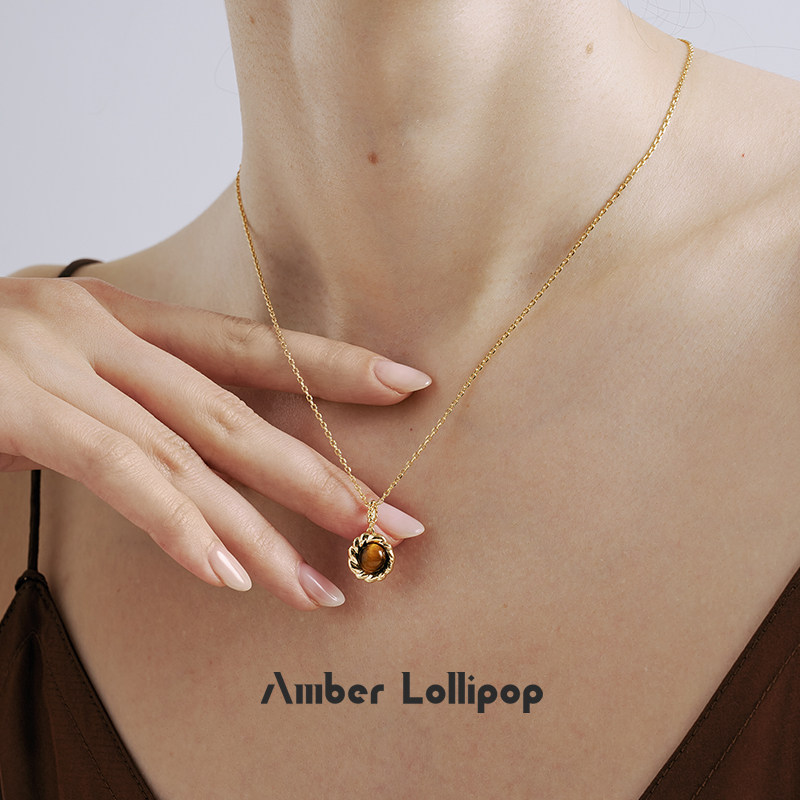 AmberLollipop虎眼石项链女天然石吊坠锁骨链小众设计毛衣链秋冬